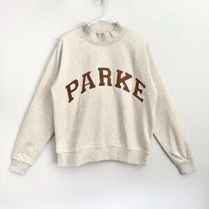 NWOT Parke Varsity Mockneck Sweatshirt Gray w Red Brown Lettering Women’s Sz S/M